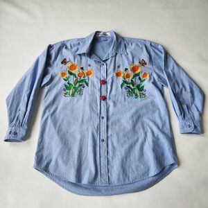 Casey Coleman Womens Blue Chambray Embroidered Floral Button Down Collared Shirt